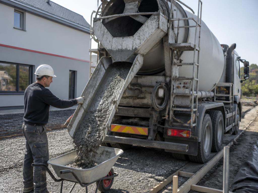 Caminhão betoneira descarregando concreto usinado